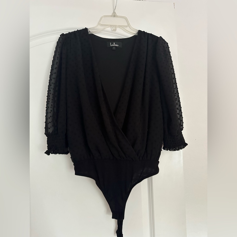 Lulu's Black Swiss Dot Surplice Bodysuit